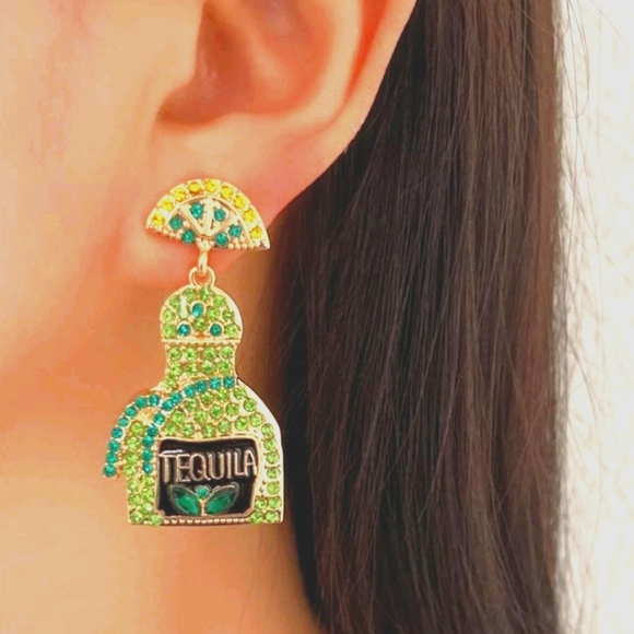 "Blingy Black-out" Bedazzled Tequila Bottle Earrings NEW - Picture 4 of 5